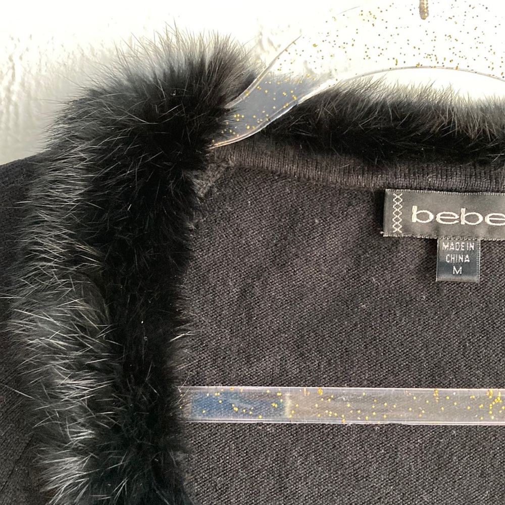 Bebe silk cashmere sweater with real rabbit fur collar 3/4 sleeve